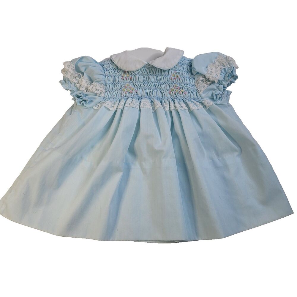 Vintage Polly Flinders Hand Smocked Baby Dress Blue Floral Lace Collar12 Months